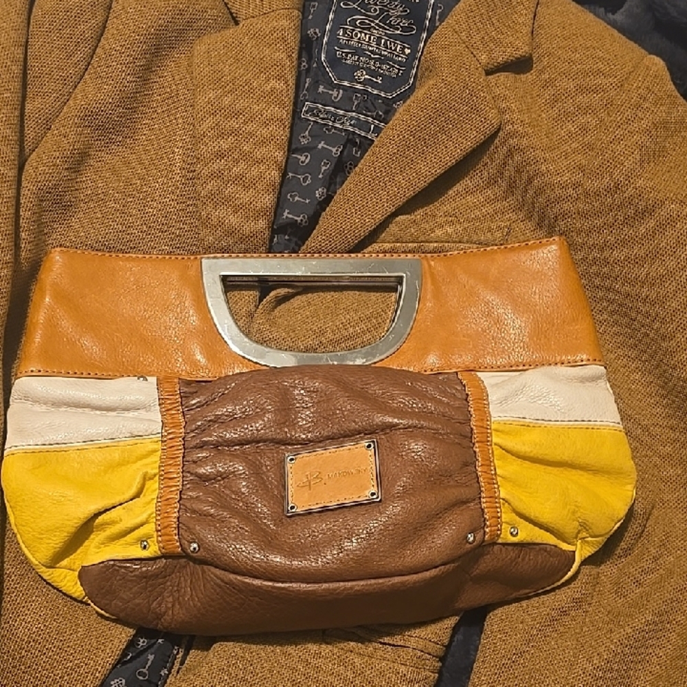 b. makowsky Leather Clutch in Tan, Brown, and Yellow